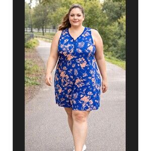 J. Jill Fit Zip Scoop Neck Dress 3X Floral Racerback Sleeveless Pockets Active